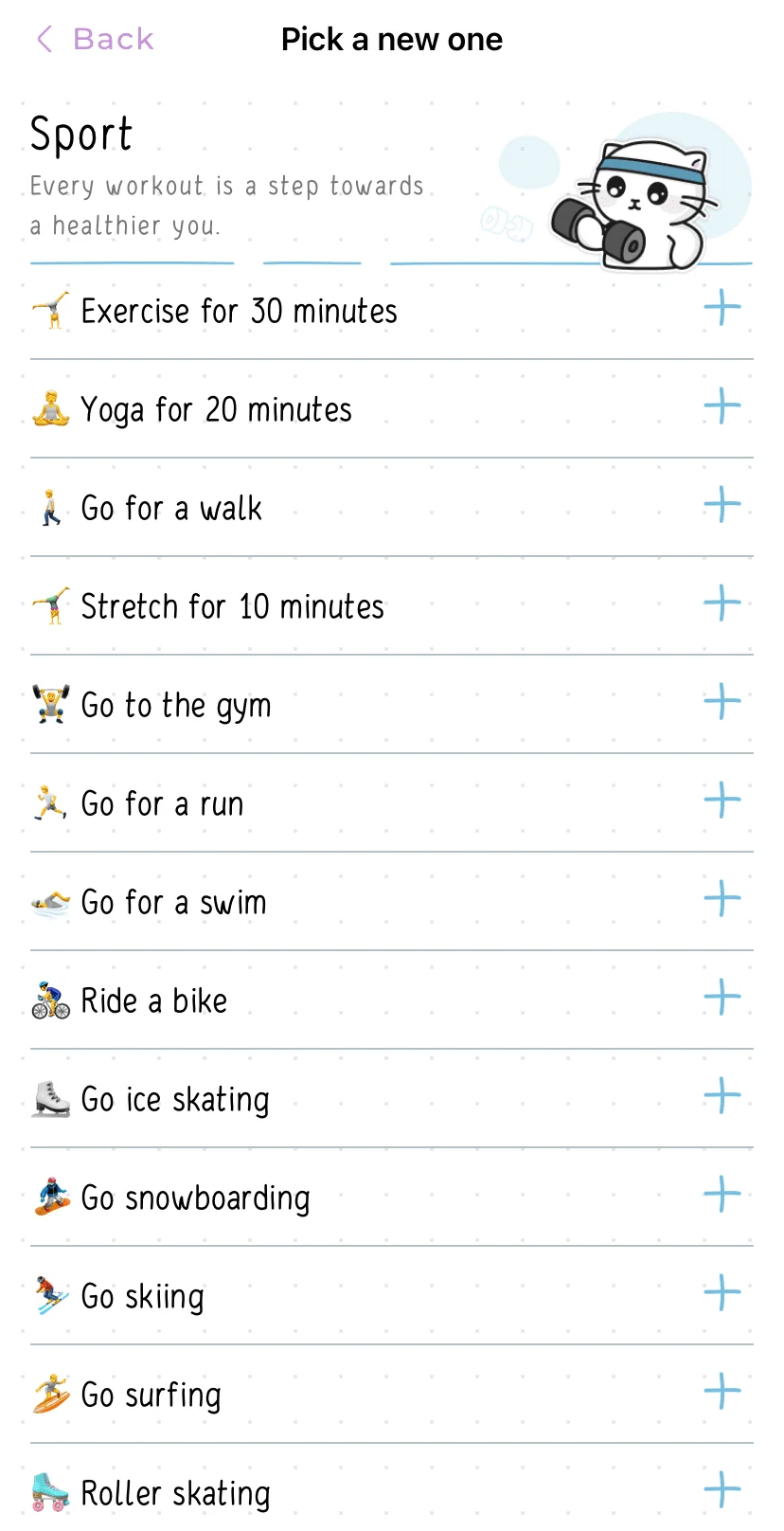 The Habit Suggestions on the Hizo App with the Sport Category.