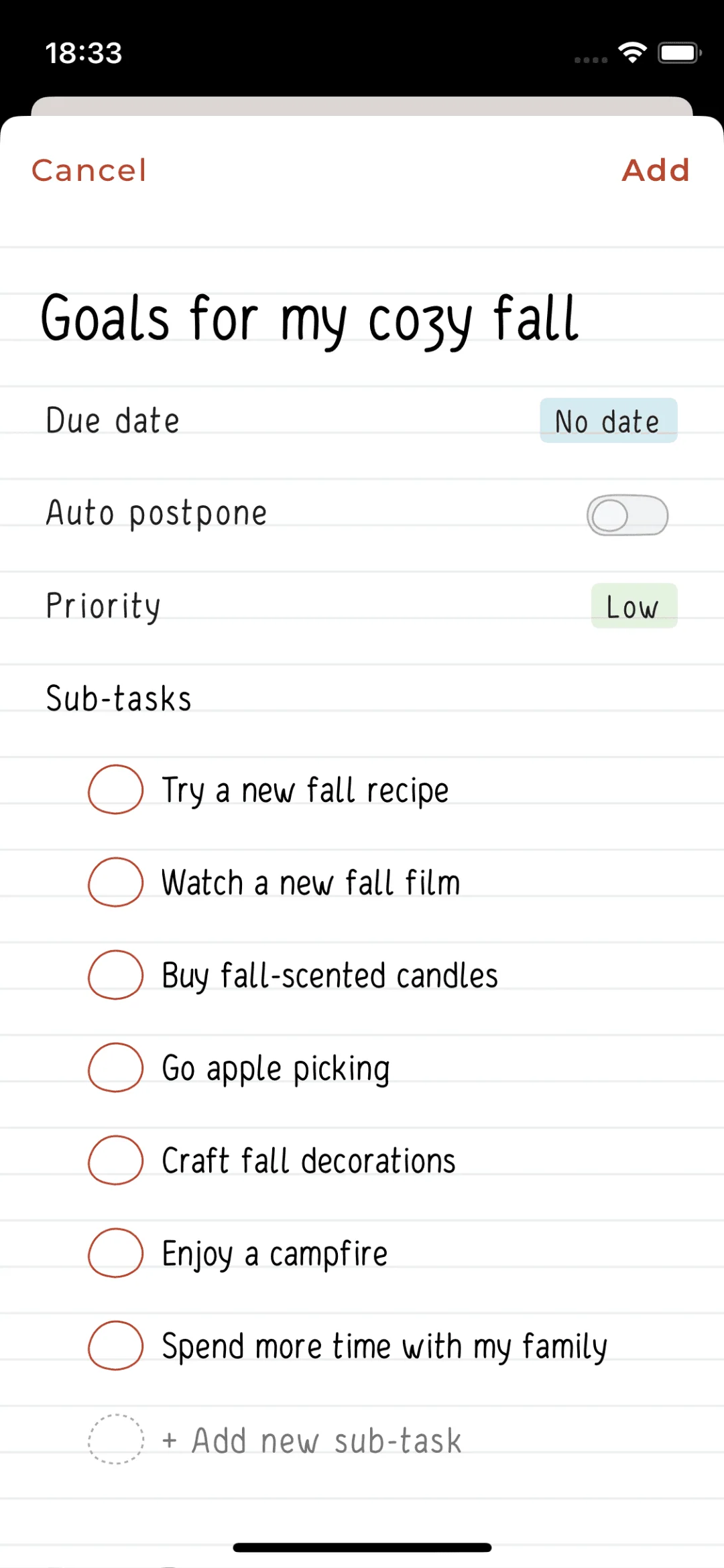 Screenshots of the Hizo app with the goal for fall.