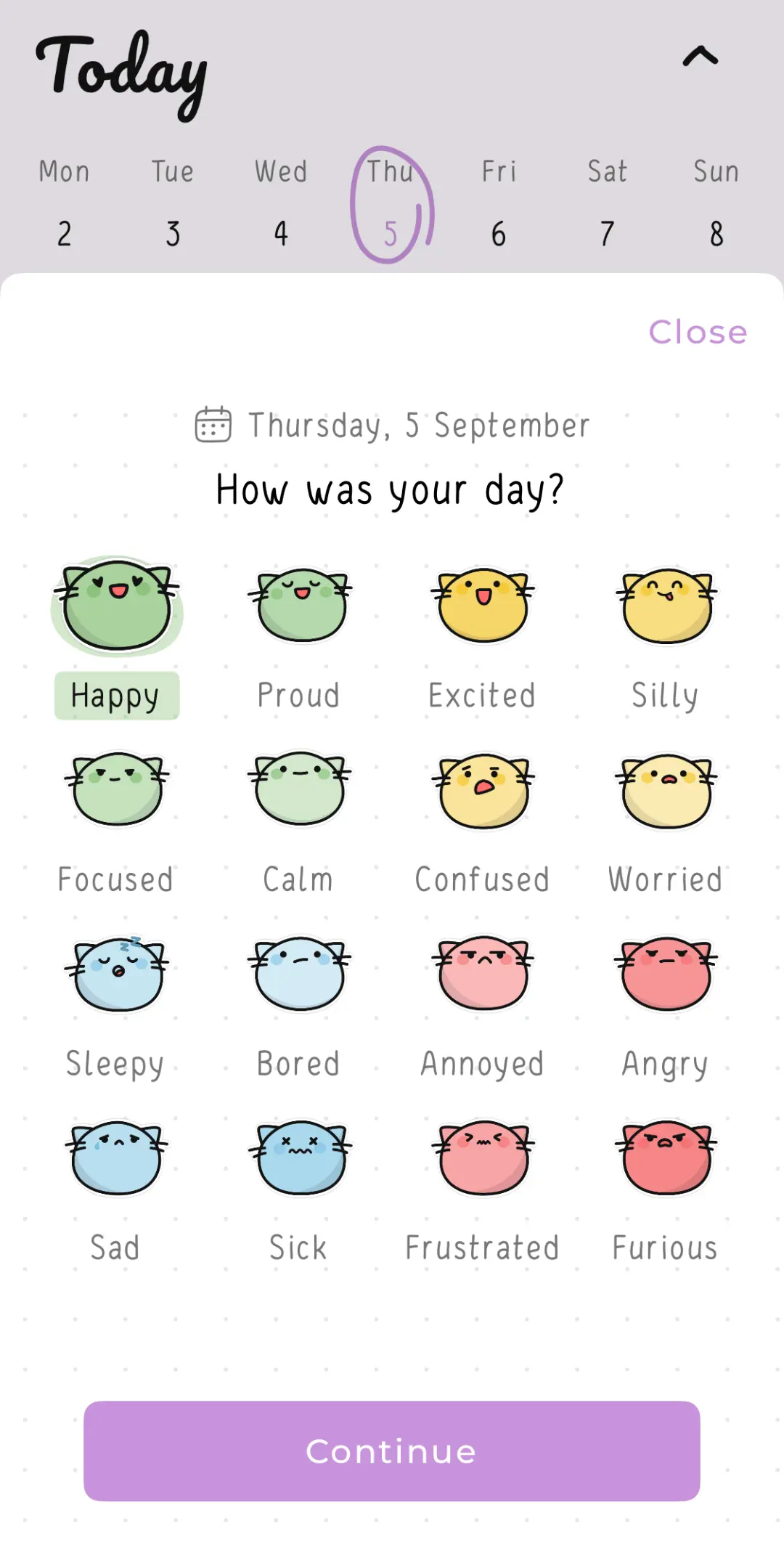 Screenshots of the Hizo app with Check your mood.