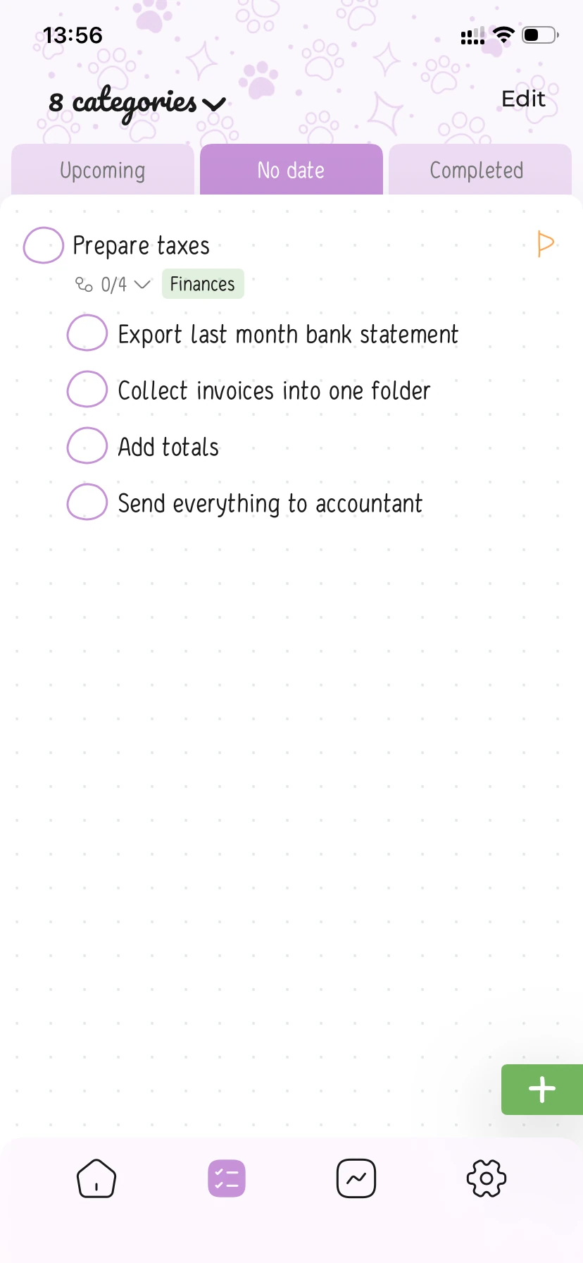 No date list showing Prepare taxes with four subtasks and Finances category.