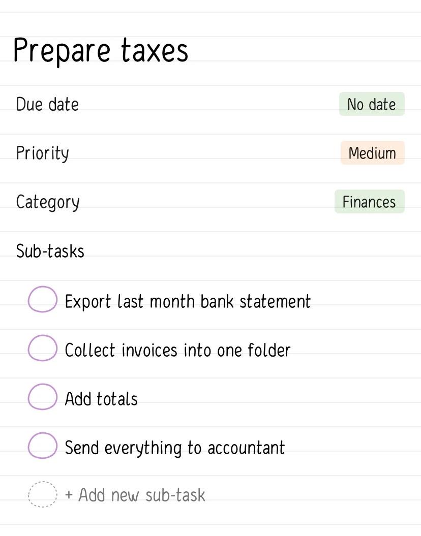 Screenshots of the Hizo app with creating a Big Task with Subtasks.