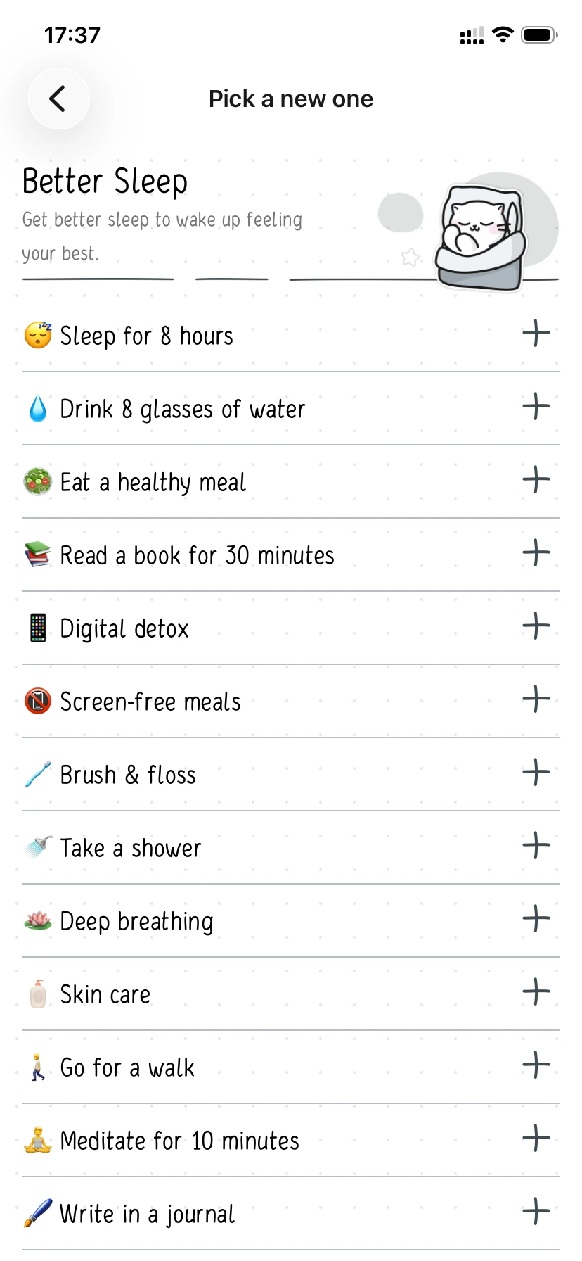 Hizo habit list for Better Sleep with recommended habits.