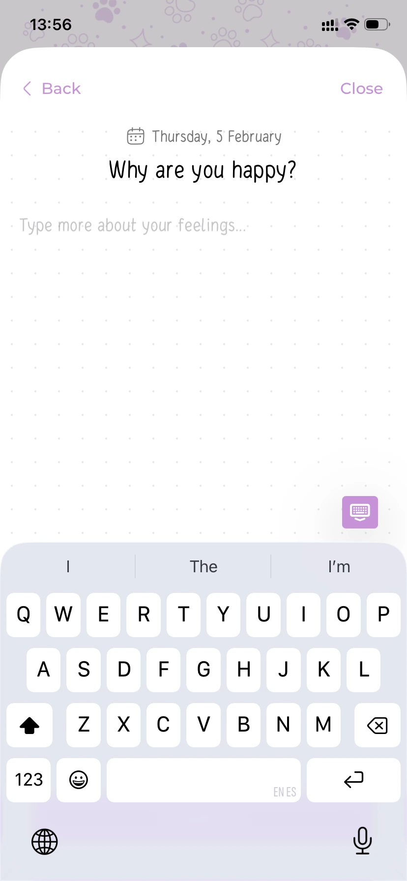 Hizo journal prompt screen asking “Why are you happy?” with an empty input field and the keyboard open.