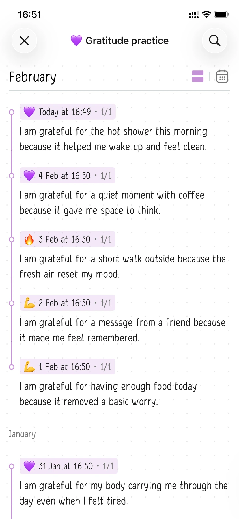 Hizo gratitude notes list with time stamped entries in a vertical feed and a search icon.