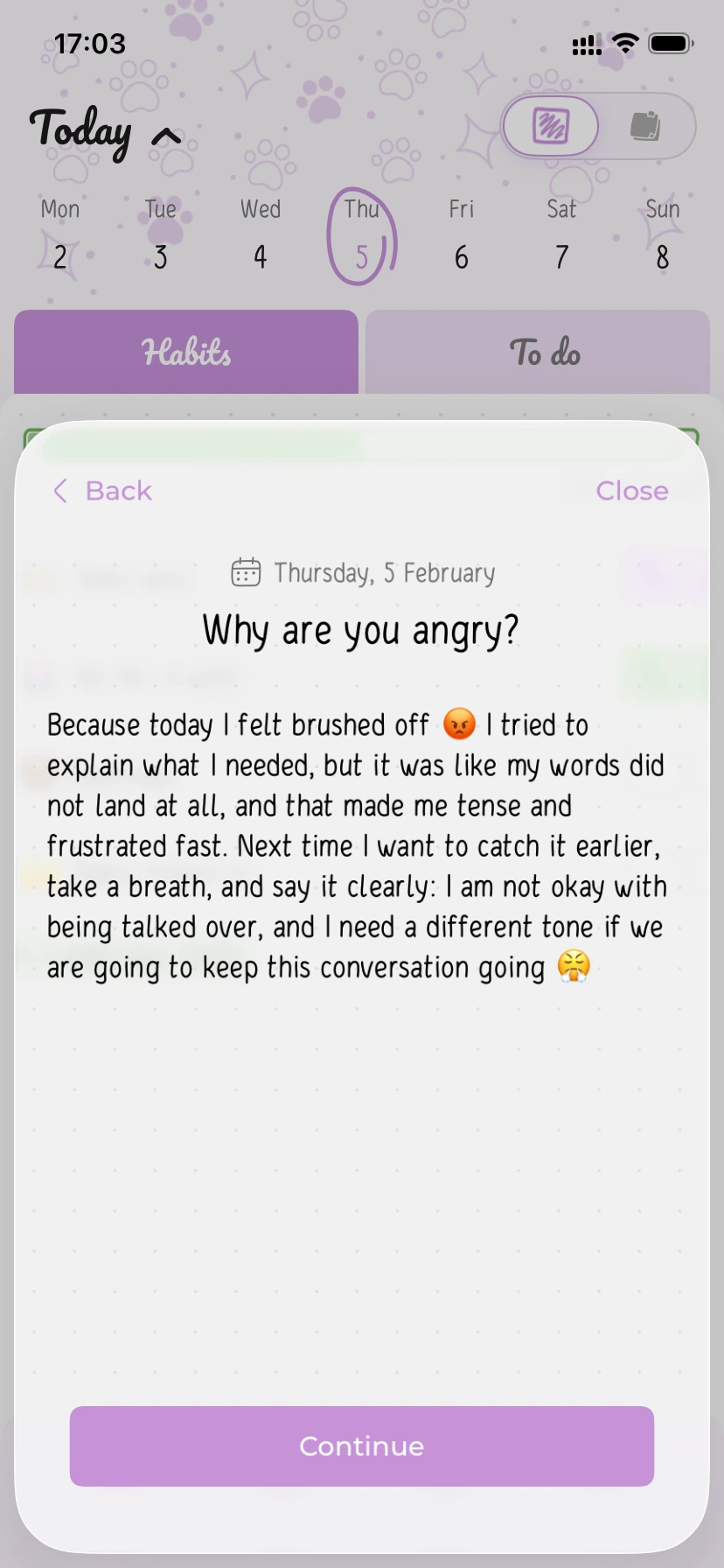 Hizo mood journal screen asking “Why are you angry?” with a written reflection and a Continue button.