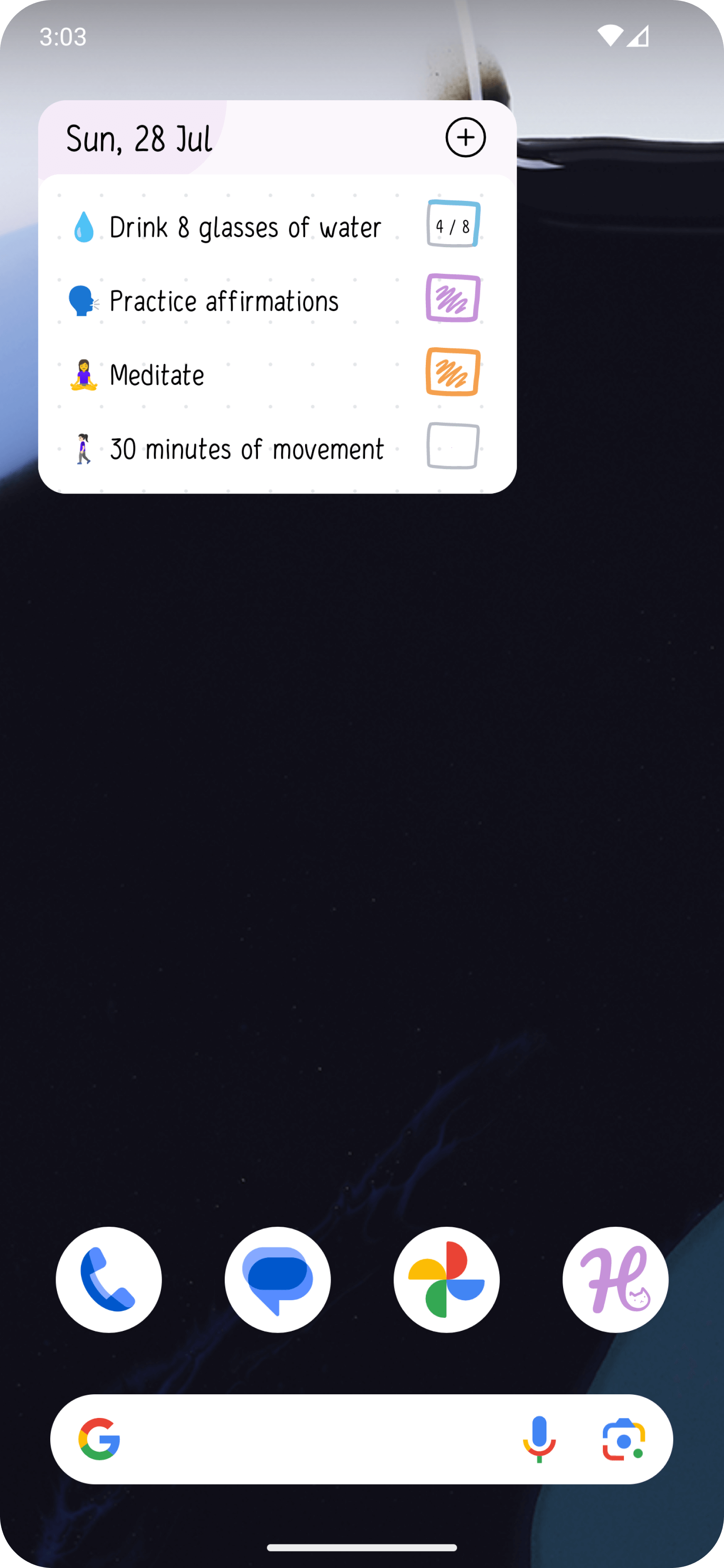 Android Home Screen with the Habits for today widget — small.