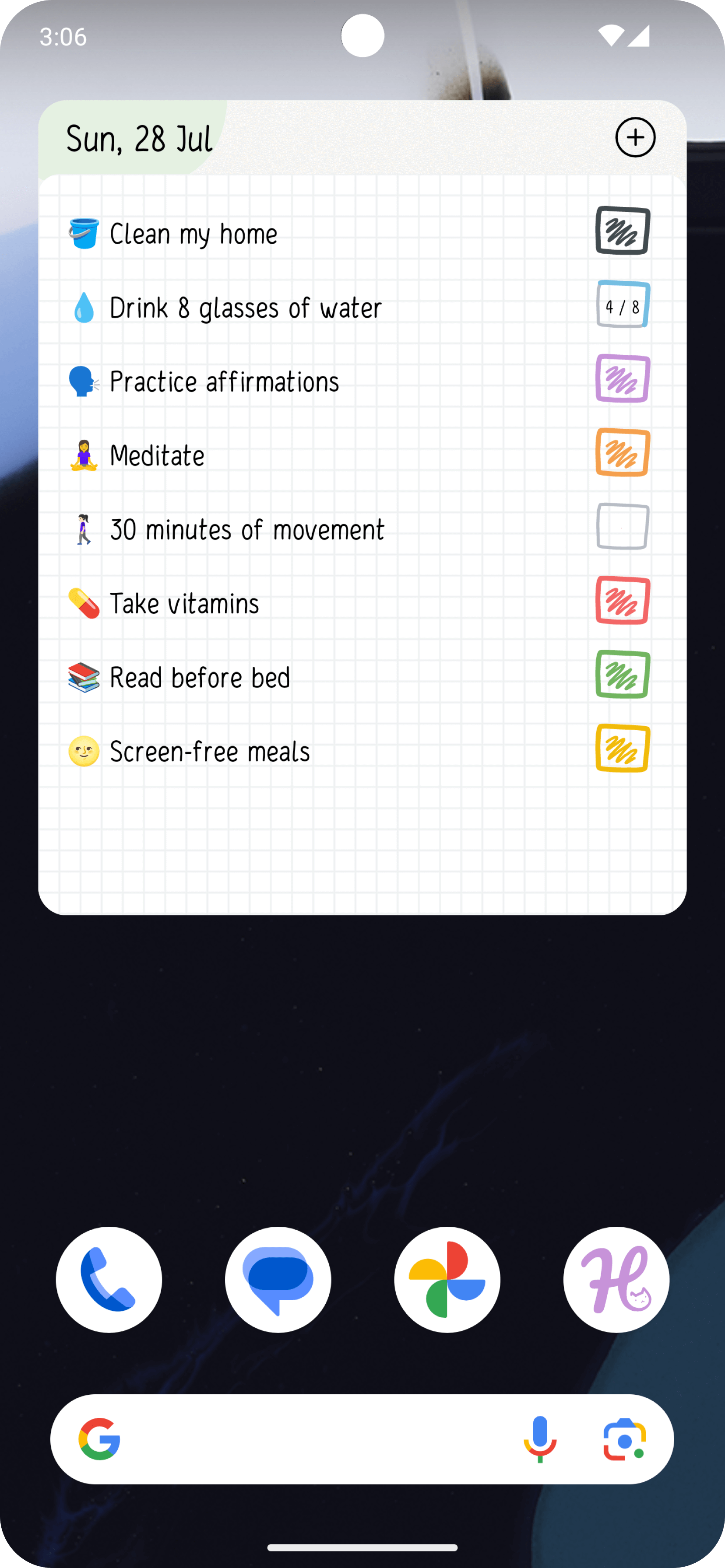 Android Home Screen with the Habits for today widget — medium.