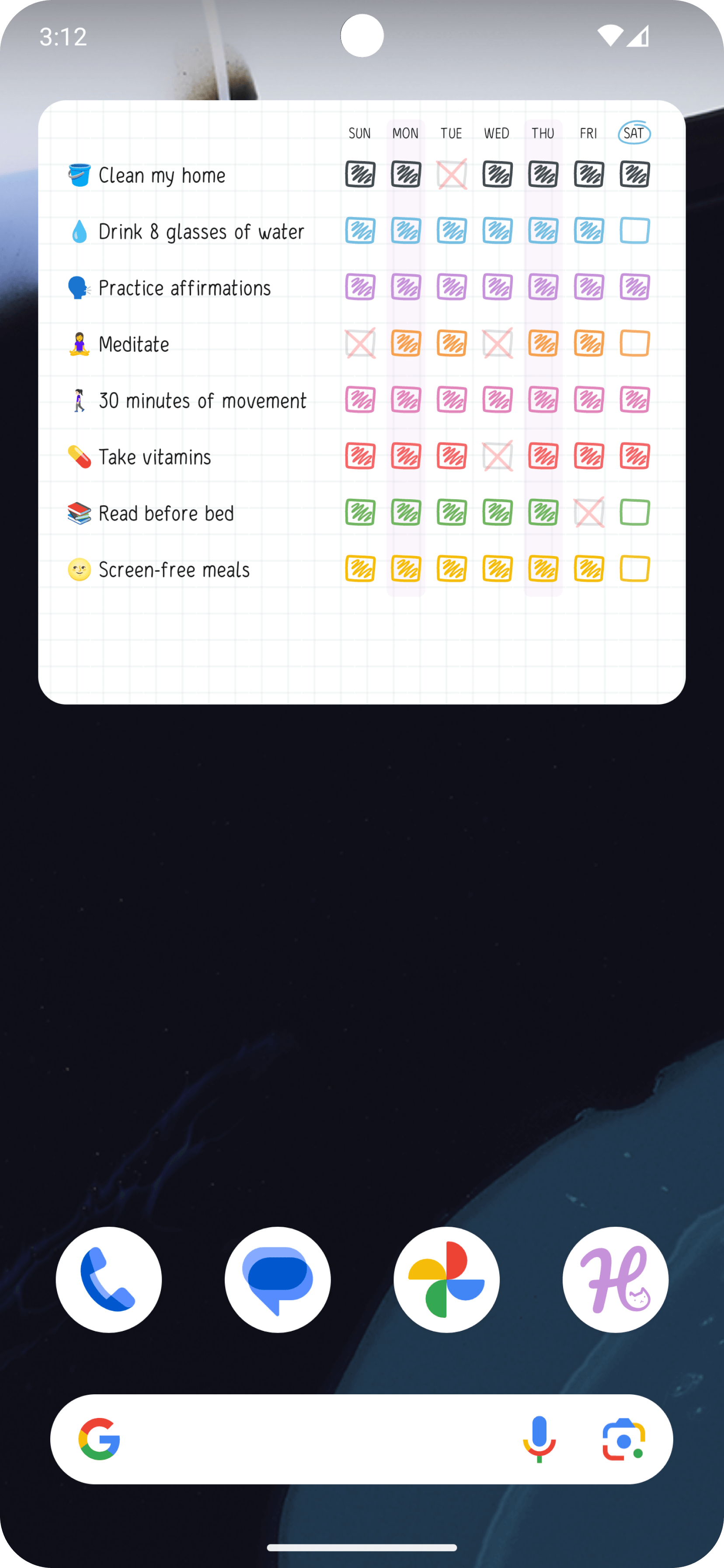 Android Home Screen with the Weekly Habits widget — large.
