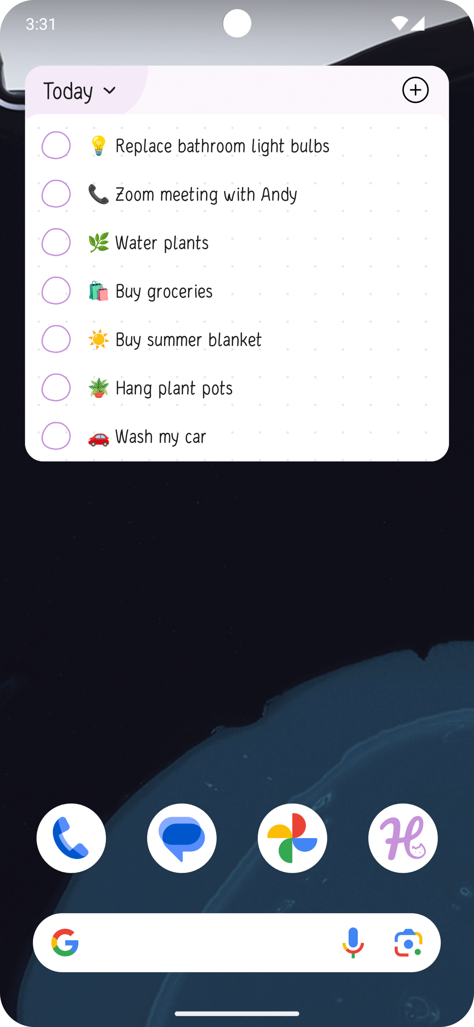 Android Home Screen with the Tasks widget — small.